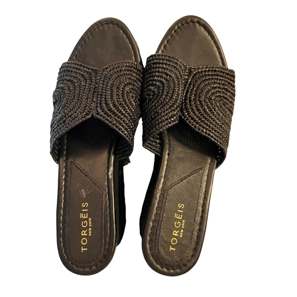 Torgeis New York Black Raffia Platform Slide Sandals Women's Size 10 Boho